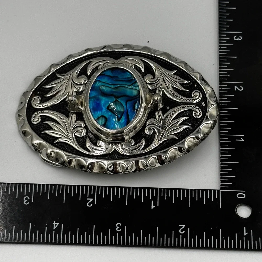 Western Silver Tone Oval Belt Buckle Blue Abalone Shell Inlay Floral‎ Scrollwork